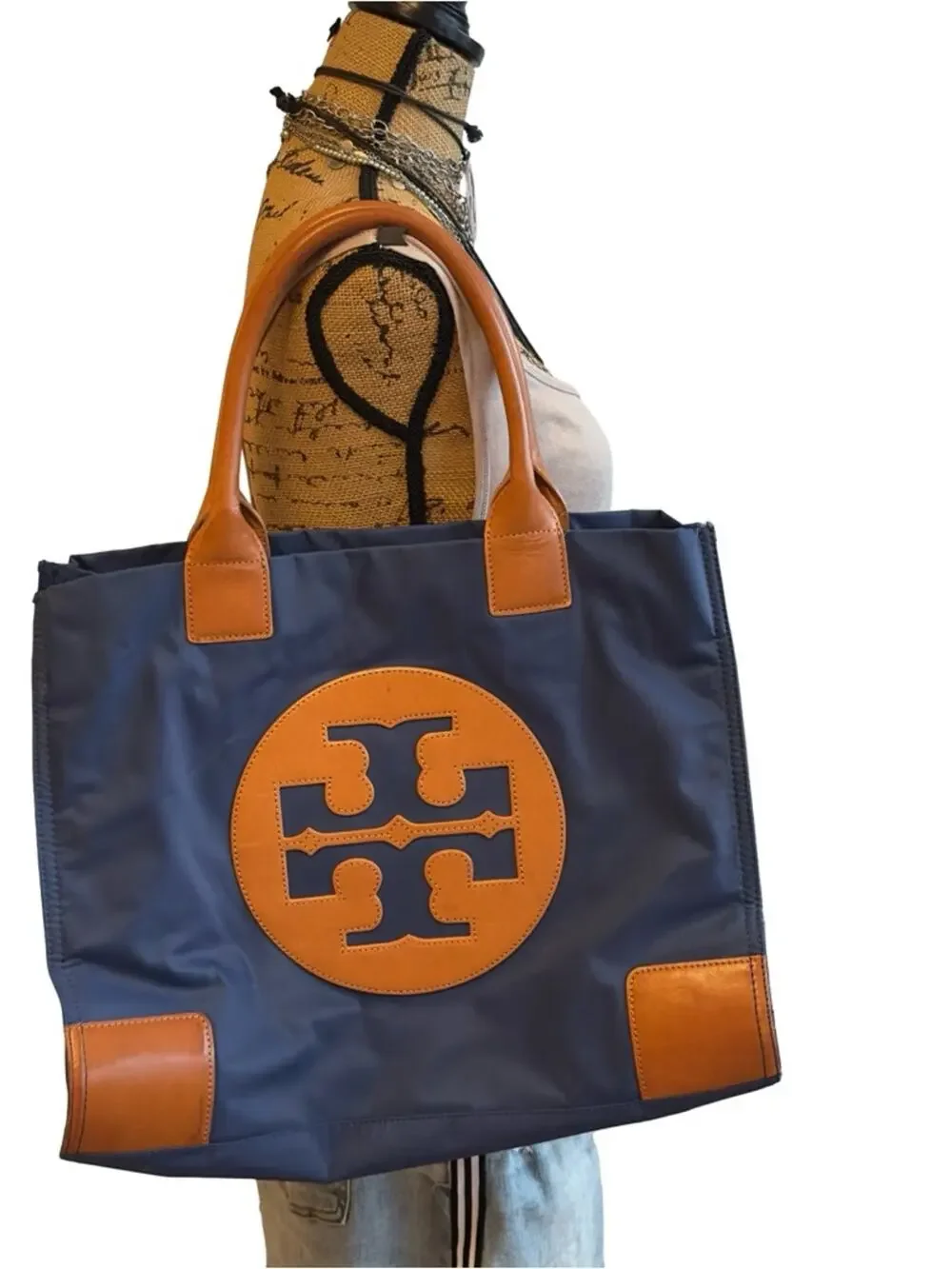 Tory Burch Navy Tote with Tan Leather Accents and Logo